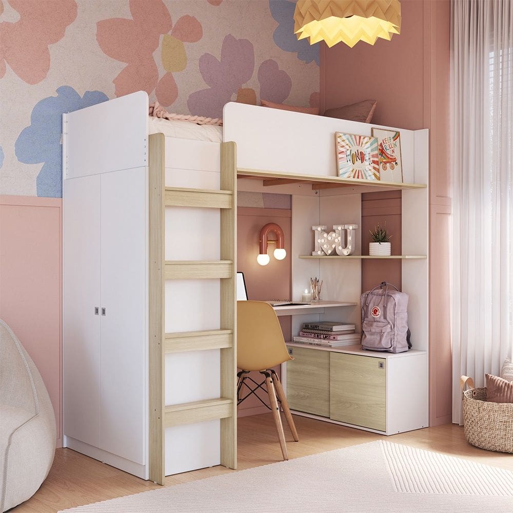 Cama Elevada Multifuncional com Armário e Escrivaninha BI030 Linha Infanto Branco Carvalho Araguaia Completa Móveis