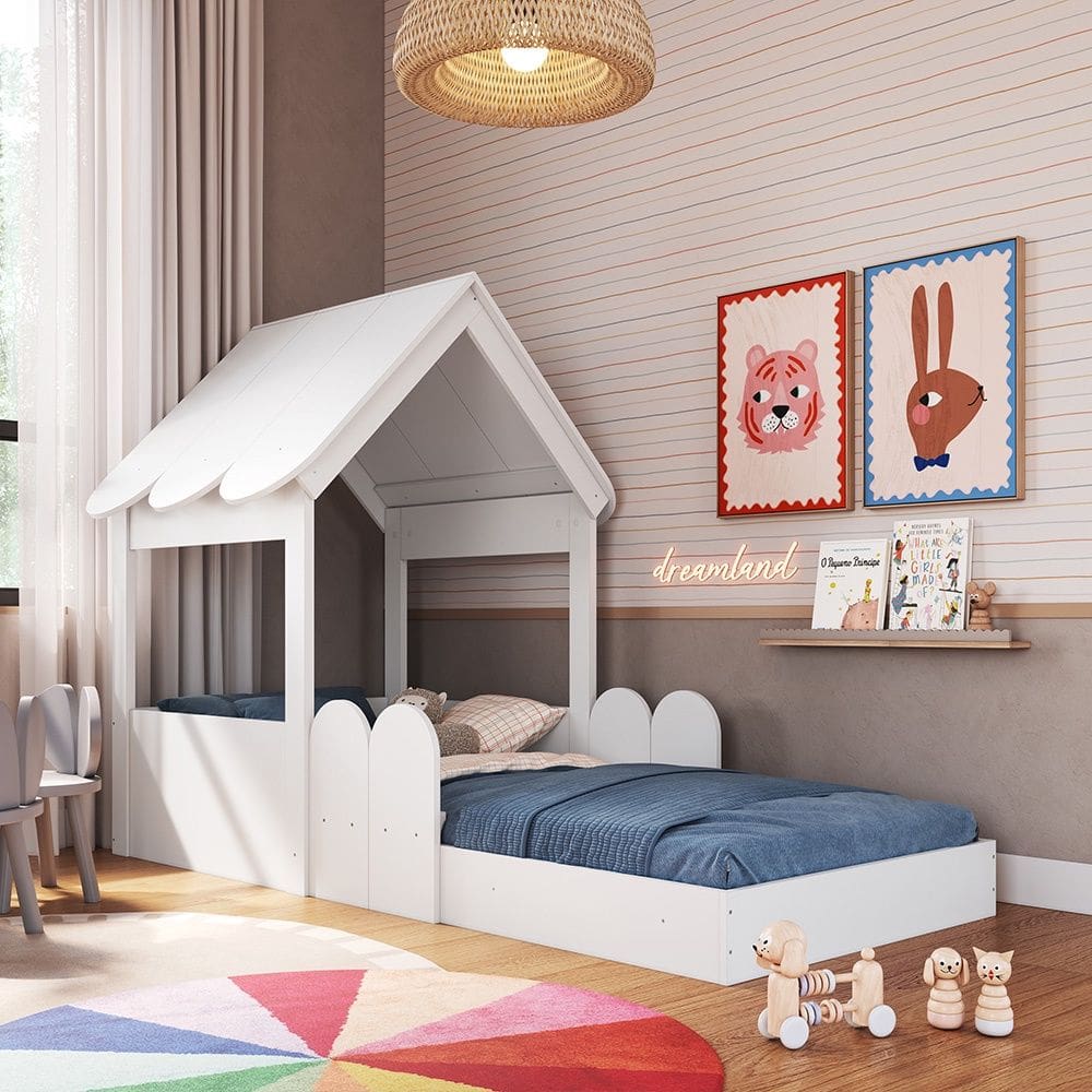 Cama Infantil Montessoriana em Forma de Casinha CCM040 Linha Infanto Branco Completa Móveis