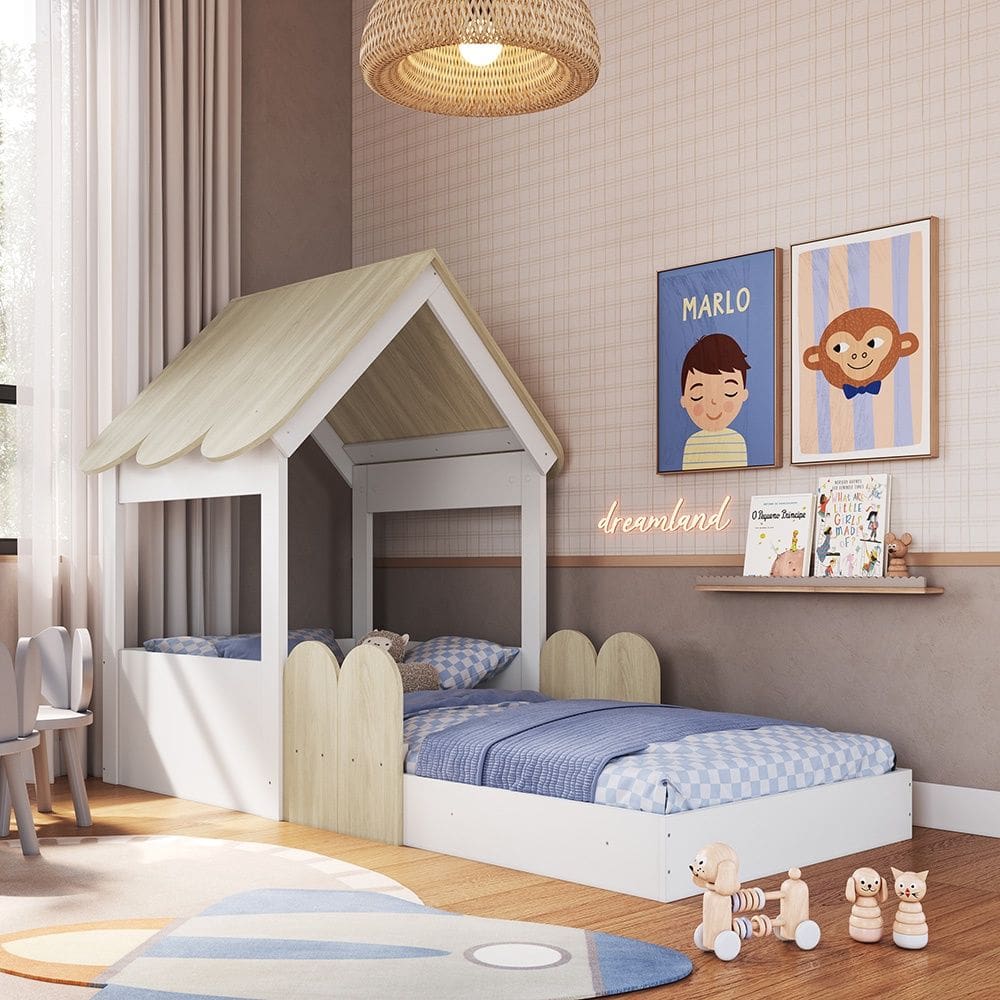 Cama Infantil Montessoriana em Forma de Casinha CCM040 Linha Infanto Branco Carvalho Araguaia Completa Móveis