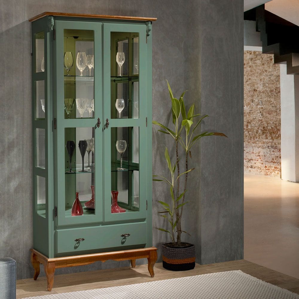 Cristaleira com Espelho e LED 2 Portas 3 Prateleiras e Laterais em Vidro 60303EL Linz Móveis - Verde Musgo/Imbuia Glazer