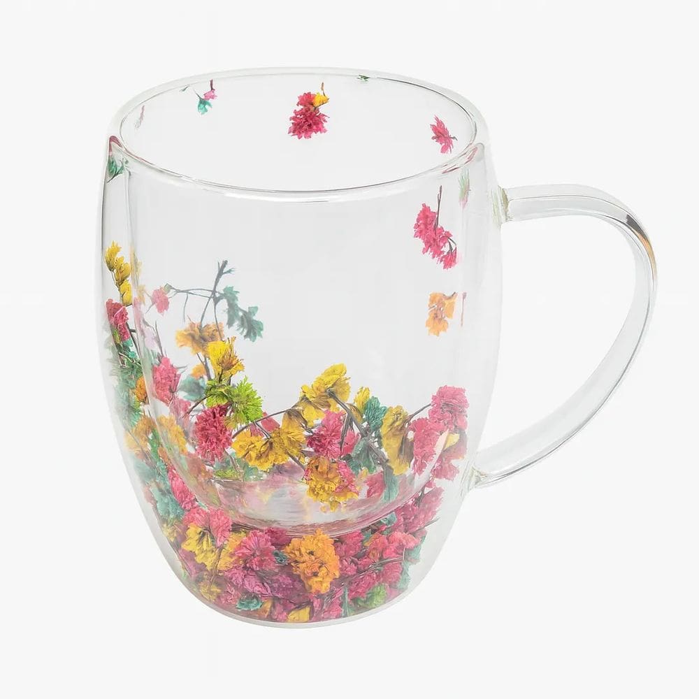 Xícara de Vidro Parede Dupla com Flor Seca 350ml Decorativa