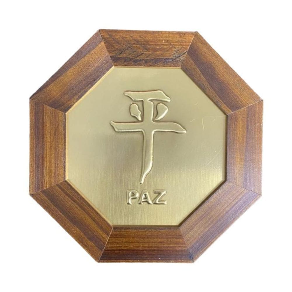 Quadro Ideograma Paz Madeira Imbuia Oitavado E Metal 18 Cm
