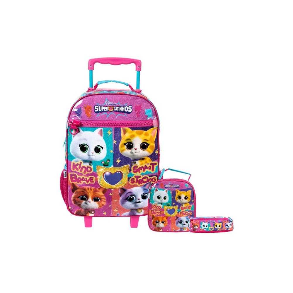 Kit Escolar Super Gatinhos Mochila De Rodas Lancheira Estojo