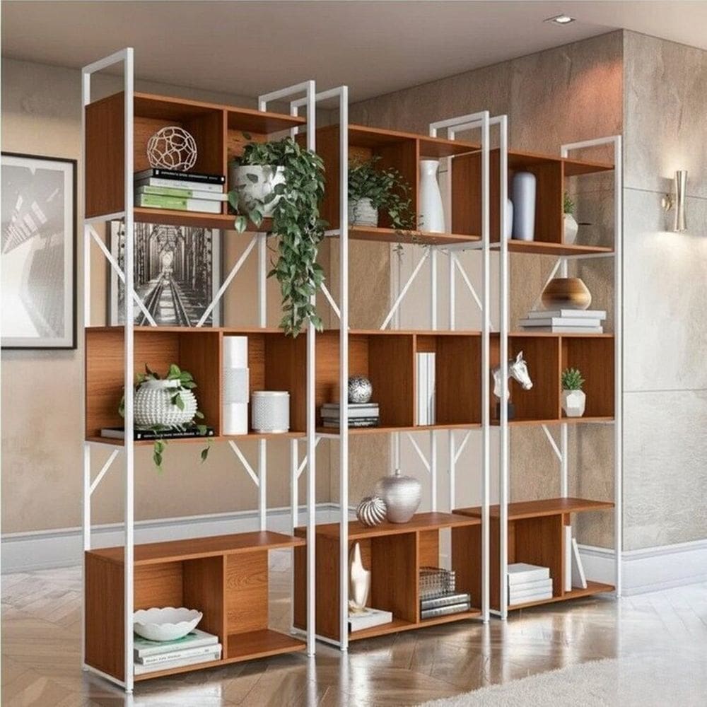 Kit 3 Estantes para Livros 7 Prateleiras 200cmx216cm Office Industrial Canela/Branco Brilho