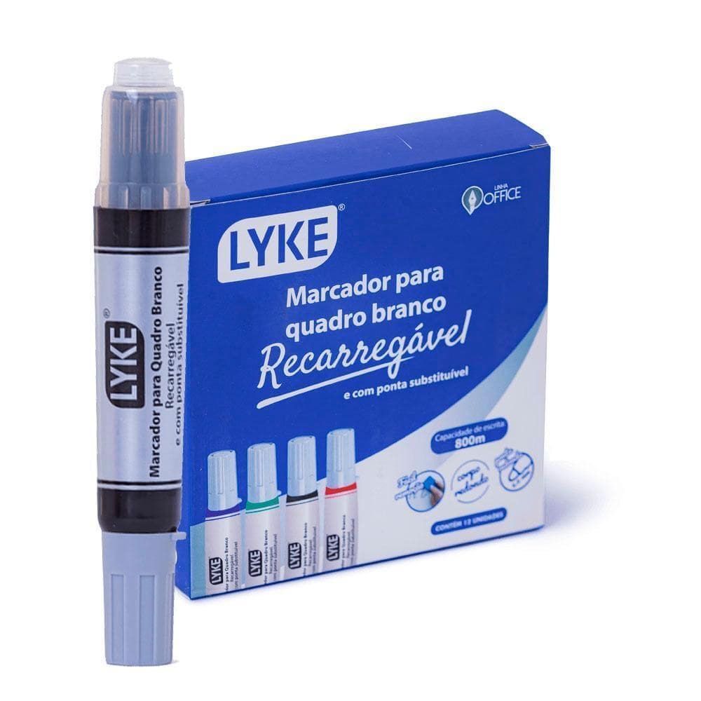 Caneta Marcador Quadro Branco Recarregável Preto 12Un Lyke