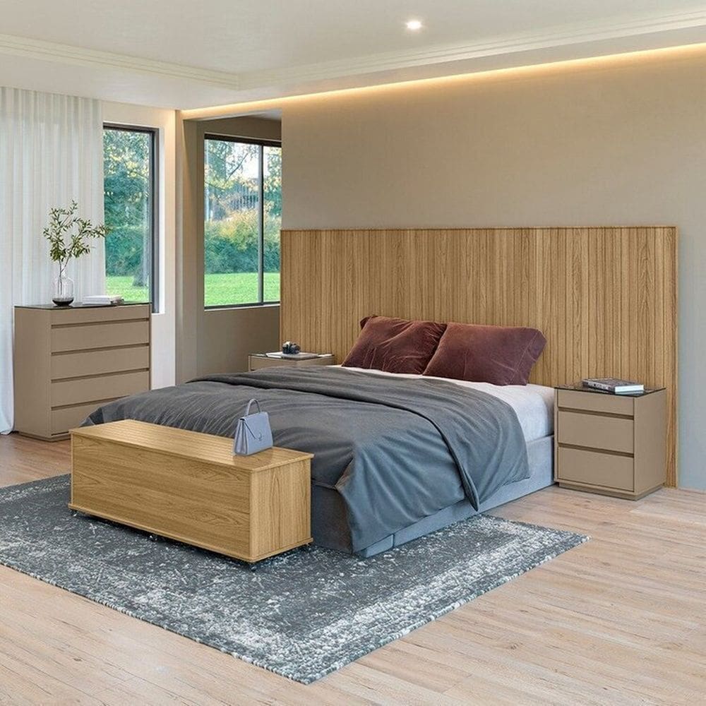 Conjunto Cabeceira Florença King/Casal + Cômoda + Mesa de cabeceira +Baú Hannover / Cinza