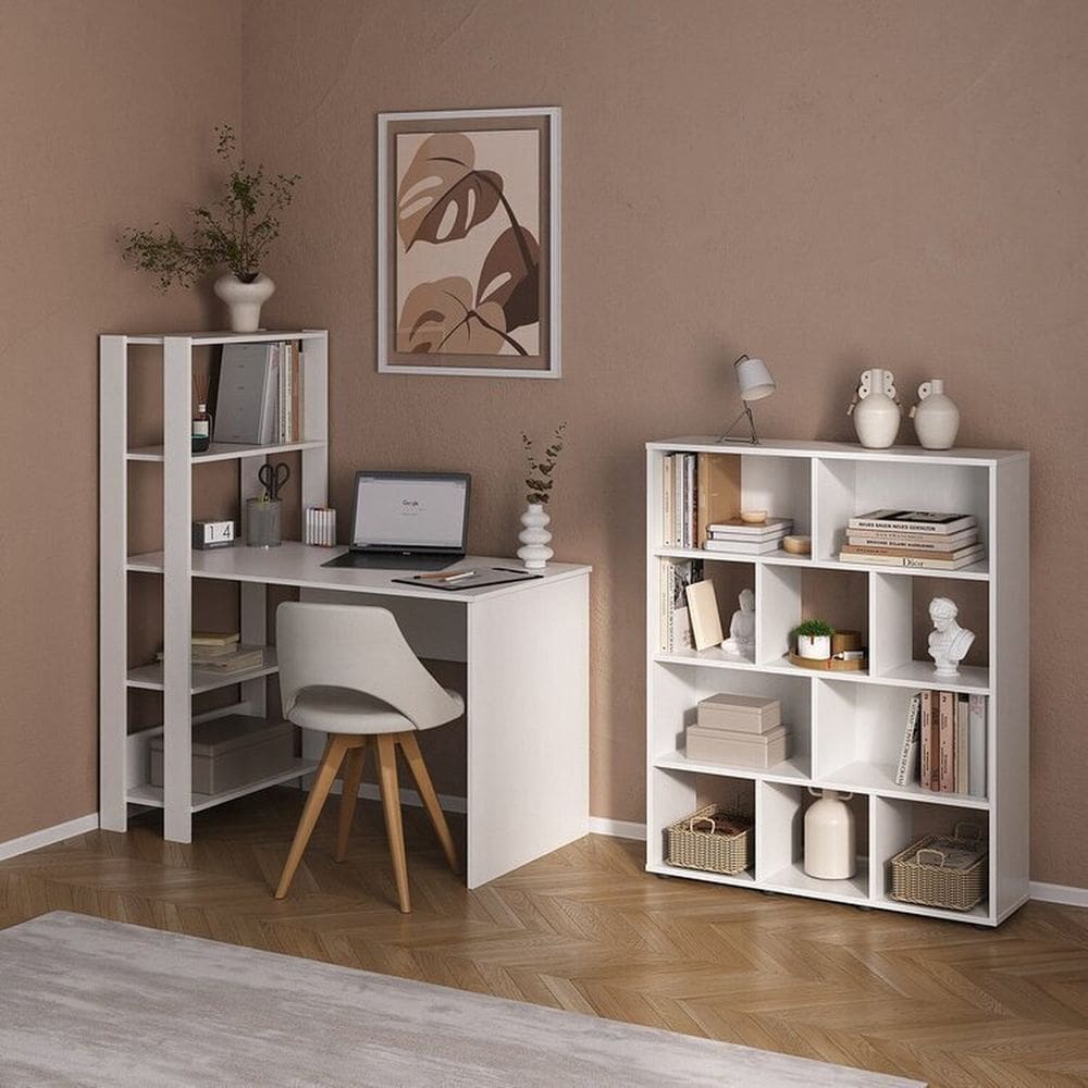 Conjunto escrivaninha Match e estante Book com diversos nichos Branco
