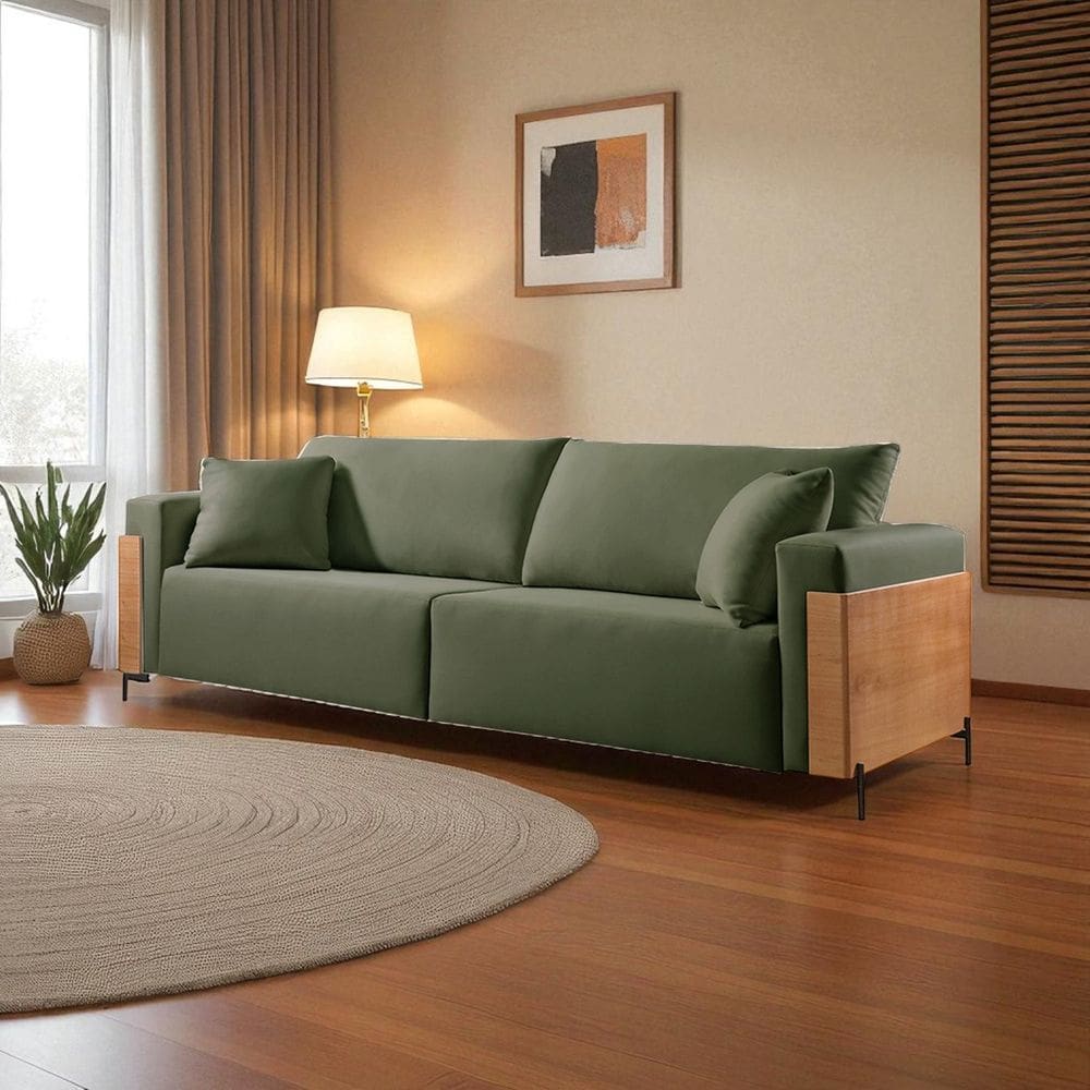 Sofá Fixo Heitor 4 Lugares Luxo Pé de Metal 2,40m Castellar Móbile Veludo Verde