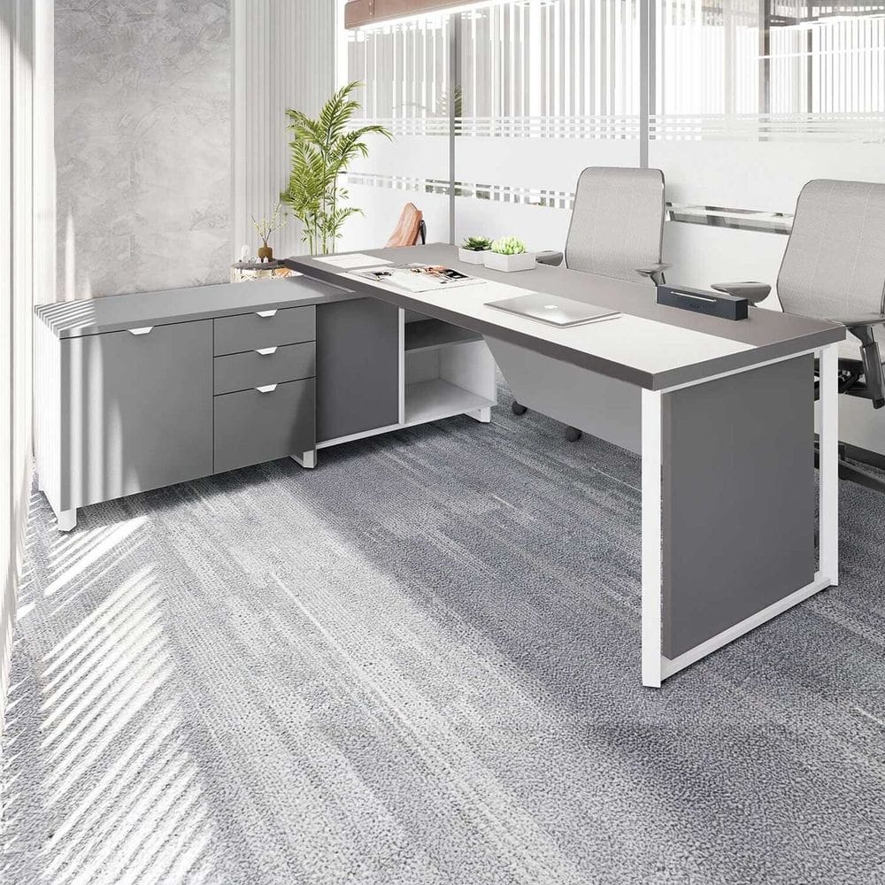 Mesa de Escritório Executiva 200cm com Armário Lateral e Caixa de Tomadas Corporate Cinza Sagrado / Branco