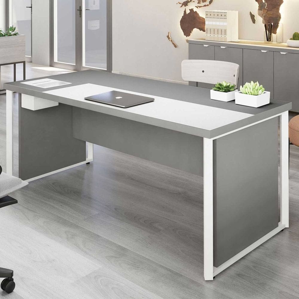 Mesa Executiva para Escritório Diretor 200cm com Caixa de Tomadas Porta Objetos Corporate Cinza Sagrado/Branco