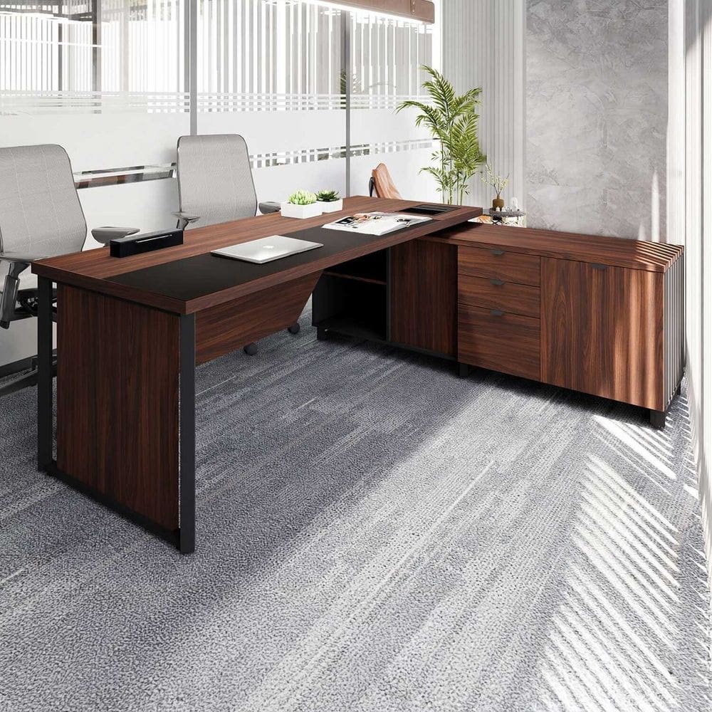 Mesa de Escritório Diretor em L 2,00 com Caixa de Tomadas e Armário Lateral Corporate Louro Preto/Preto