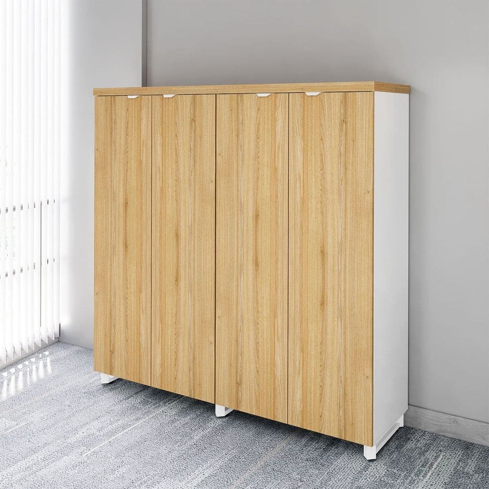 Armário Alto 158cm Duplo com 4 Portas de Abrir e Puxadores Metálicos Corporate Macadâmia/Branco