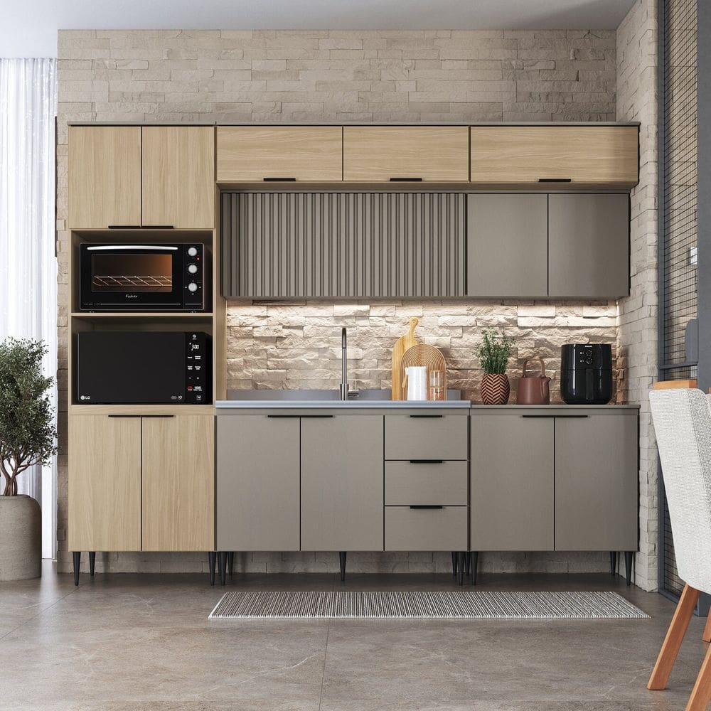 Cozinha Completa 7 Pecas com Aéreo Ripado Lavínia Imperial/Fumê