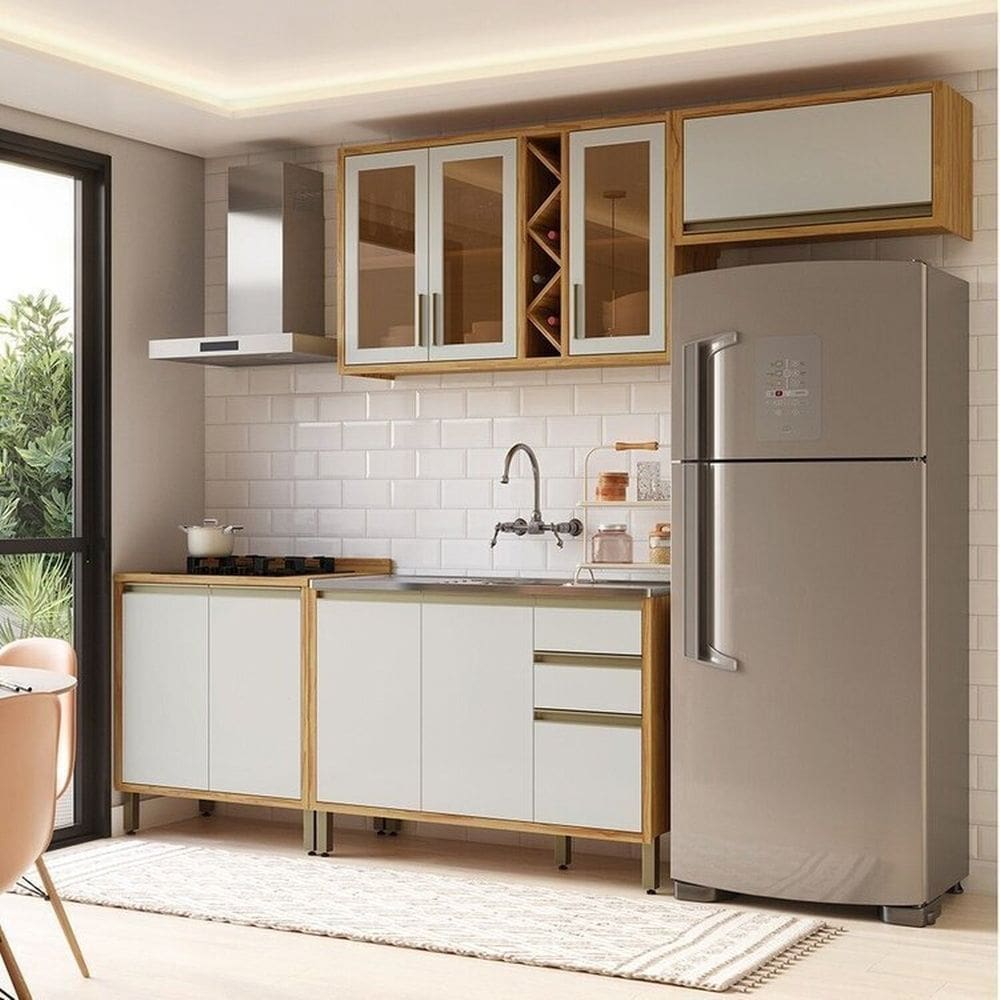 Cozinha Modulada Compacta 4 Peças 8 Portas e 3 Gavetas 100% MDF 280cm Barbados Espresso Móveis Amêndoa/Off White