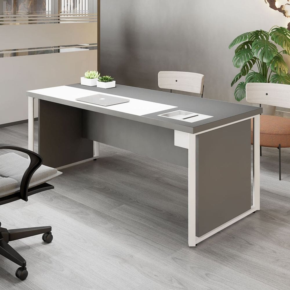 Mesa de Escritório Diretor 200cm com Caixa de Tomadas e Porta Objetos Corporate Cinza Sagrado/Branco