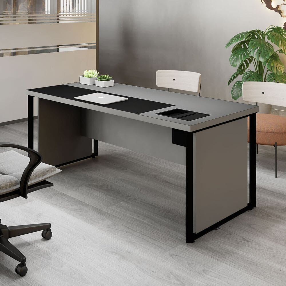 Mesa de Escritório Diretor 200cm com Caixa de Tomadas e Porta Objetos Corporate Cinza Sagrado/ Preto