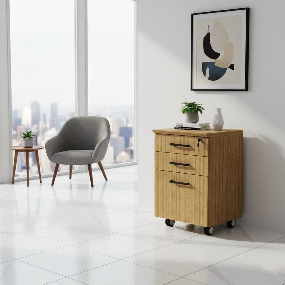 Gaveteiro Arquivo 3 Gavetas 45,8cm com Rodízio e Chave Tampo 25mm Office Amêndoa/Preto