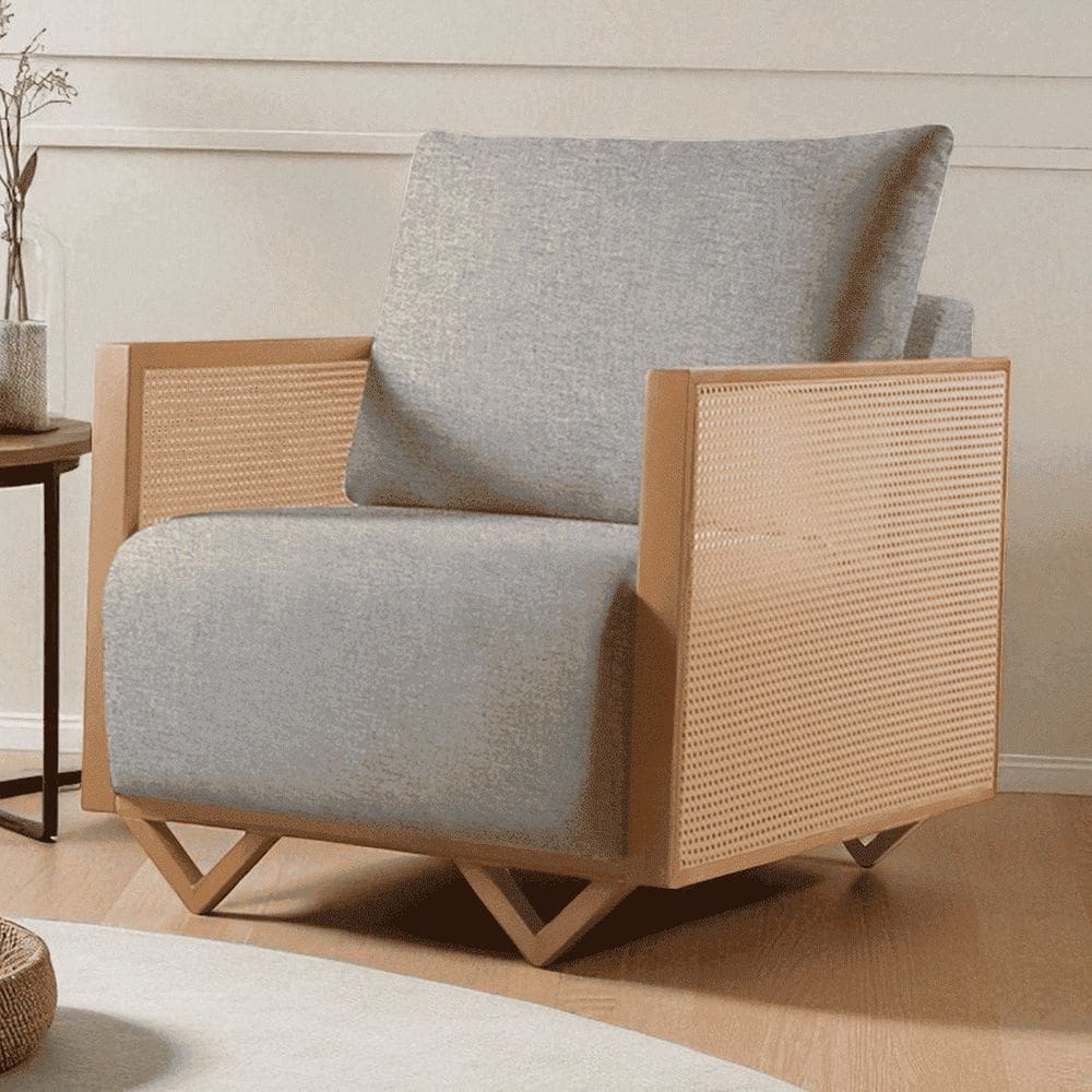 Poltrona para Sala de Estar Madeira Maciça Palha Rattan Arthur Cinza