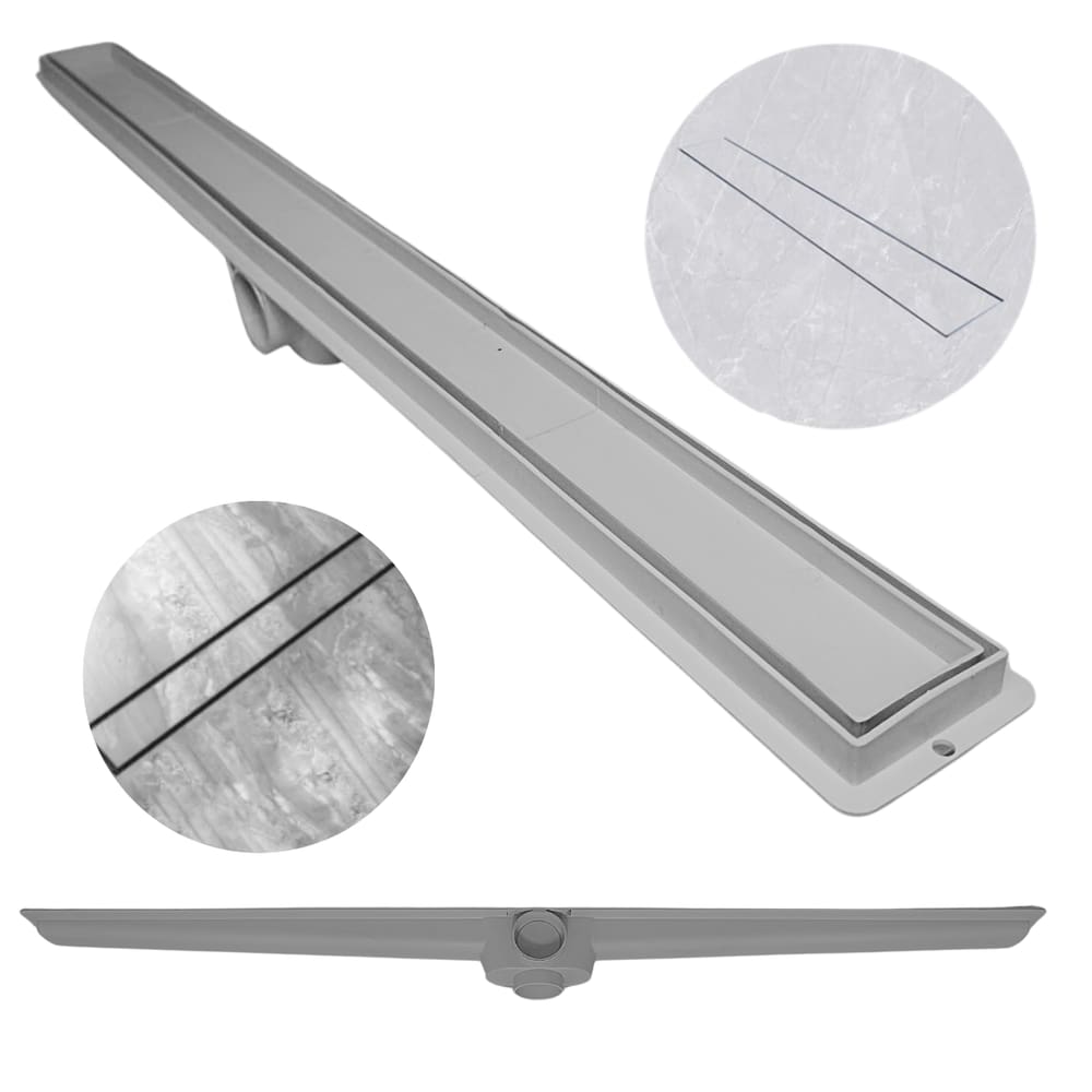 Ralo Linear Banheiro Seca Box 5x80 Oculto Plástico Coletor Cinza com Sifão (5cm x 81cm)