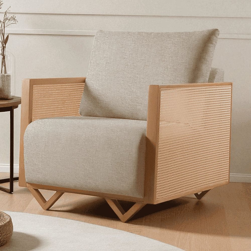 Poltrona para Sala de Estar Madeira Maciça Palha Rattan Arthur Bege