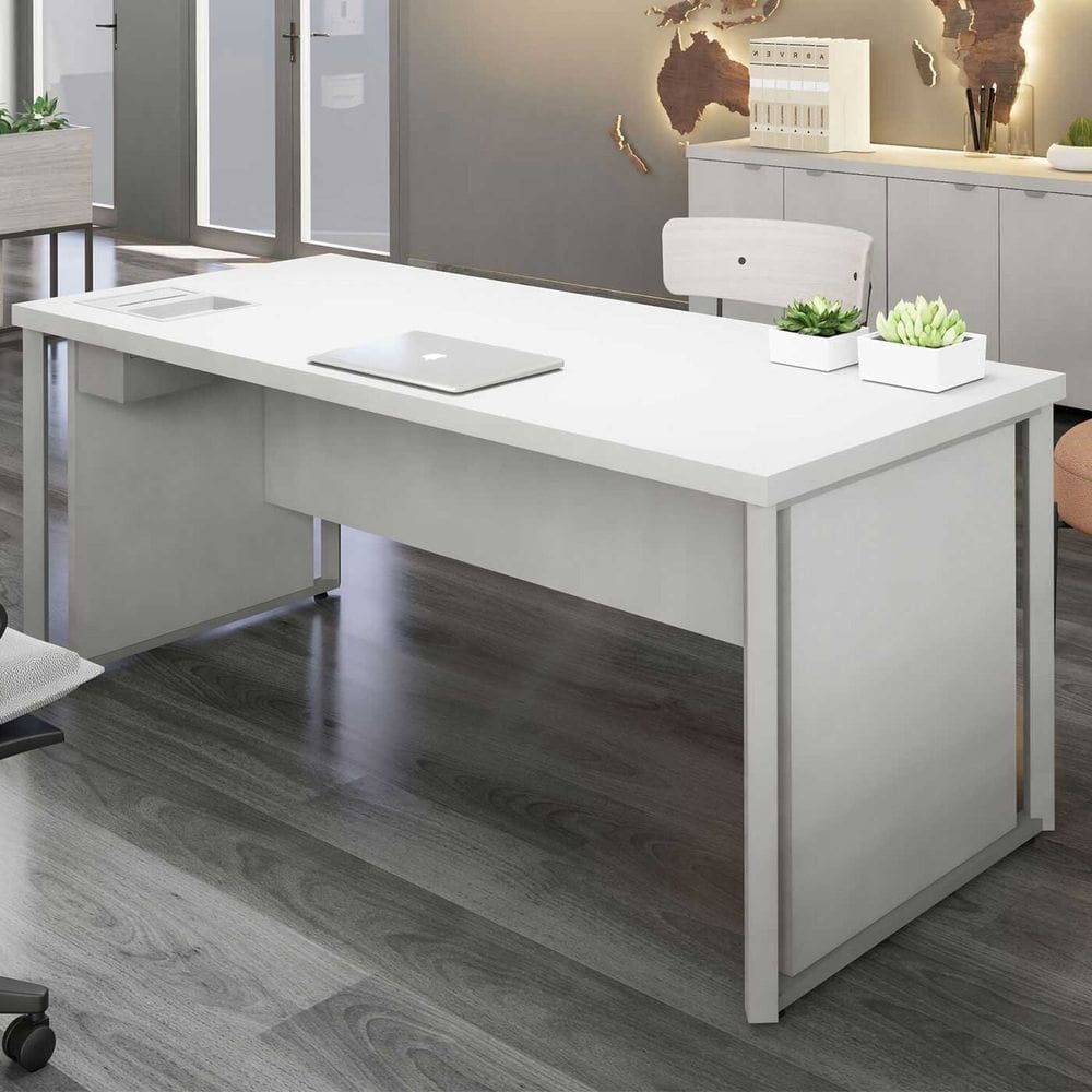 Mesa Executiva para Escritório Diretor 200cm com Caixa de Tomadas Porta Objetos Coleção Corporate Cinza