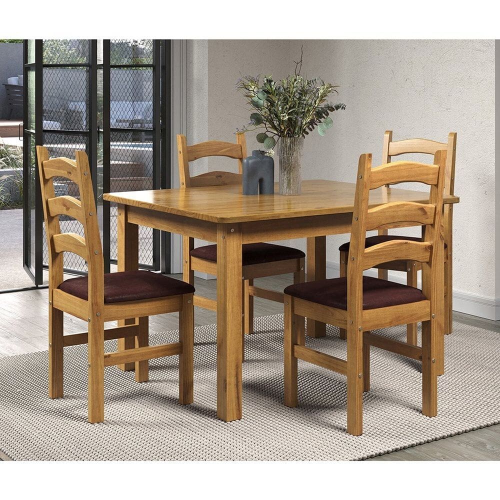 Conjunto Sala de Jantar Mesa 120cm com 4 Cadeiras Estofadas em Madeira Maciça Napoli Espresso Móveis Nogueira/Angus Ambar
