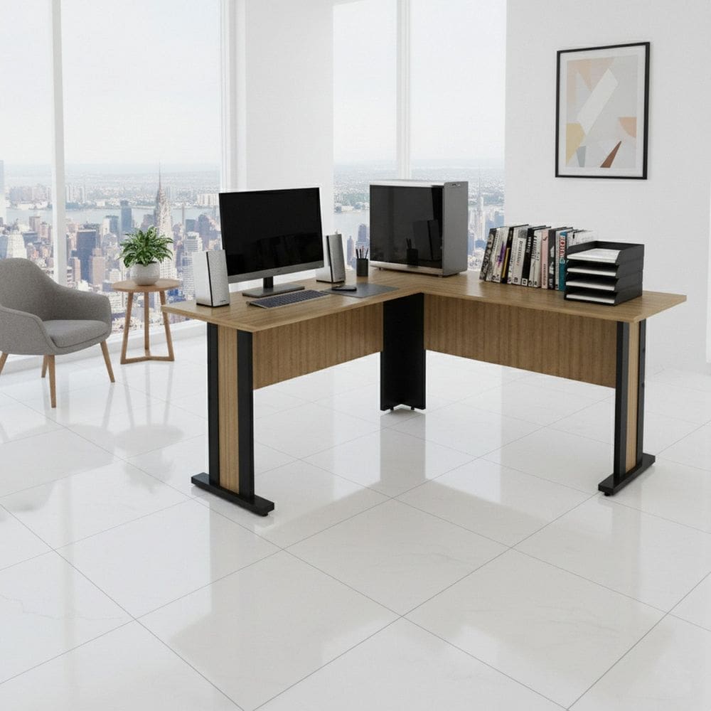 Mesa de Canto para Escritório ou Atendimento 160x160cm Tampo 25mm Office Amêndoa/Preto