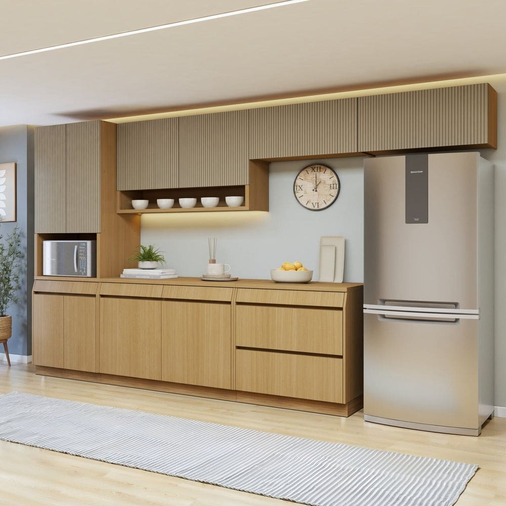 Cozinha Completa Modulada 6 Peças 11 Portas 5 Gavetas com Rodapé 100% MDF Carvalho/Greige
