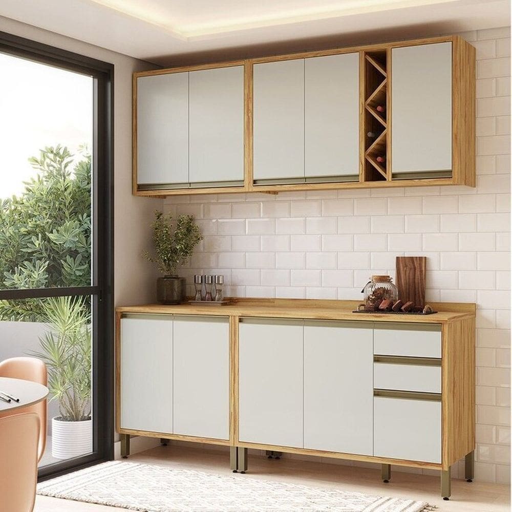 Cozinha Modulada Compacta 4 Peças 9 Portas e 3 Gavetas 100% MDF 200cm Barbados Espresso Móveis Amêndoa/Off White