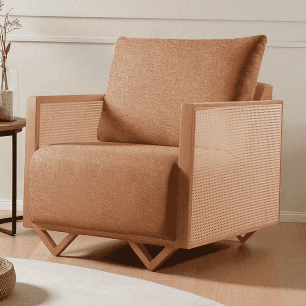 Poltrona para Sala de Estar Madeira Maciça Palha Rattan Arthur Terracota