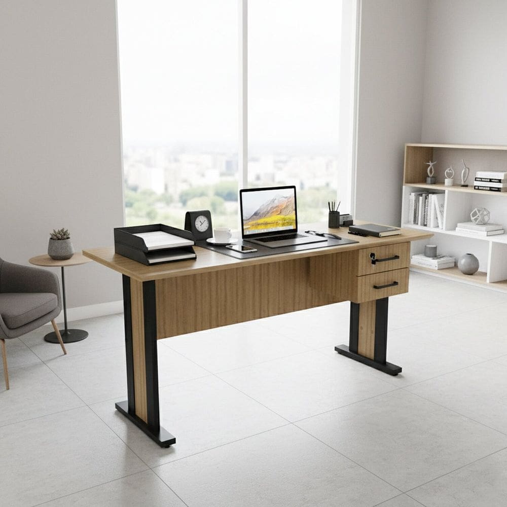 Mesa Reta de Escritório 160cm com 2 Gavetas e Chave Office Amêndoa/Preto
