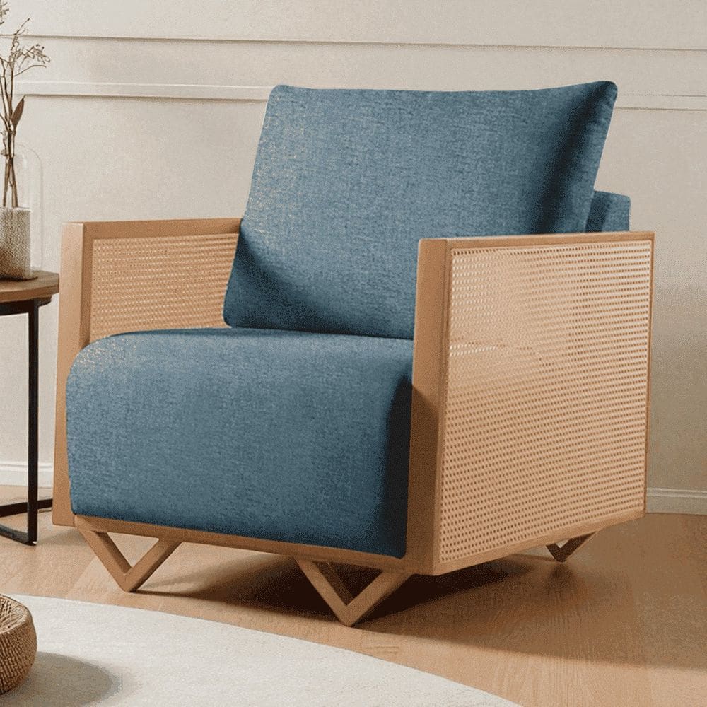 Poltrona para Sala de Estar Madeira Maciça Palha Rattan Arthur Azul