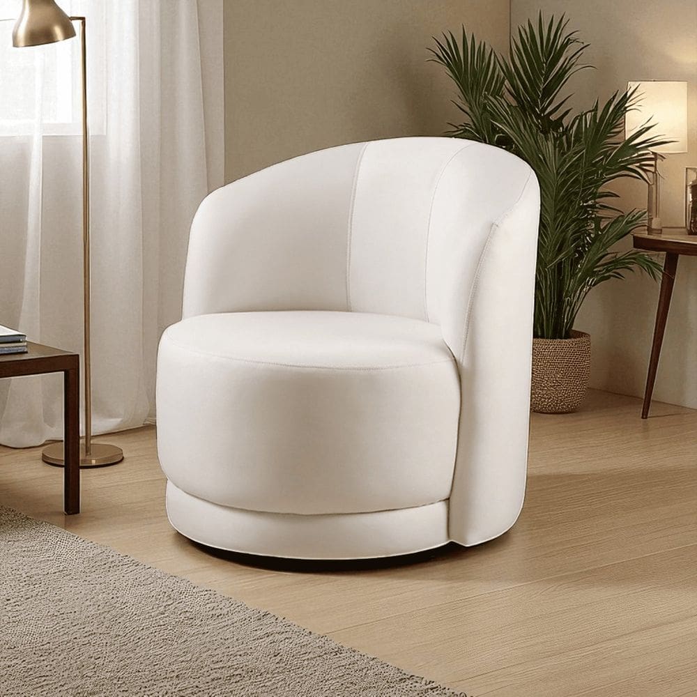 Poltrona para Sala de Estar Madeira Maciça Base Giratória Alice Bege Claro