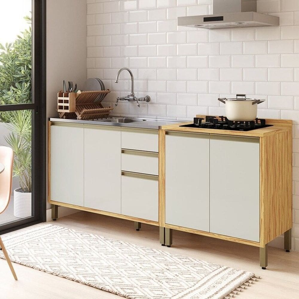 Cozinha Modulada Compacta 2 Peças 4 Portas e 3 Gavetas 100% Mdf 200cm Barbados Espresso Móveis Amêndoa/Off-White