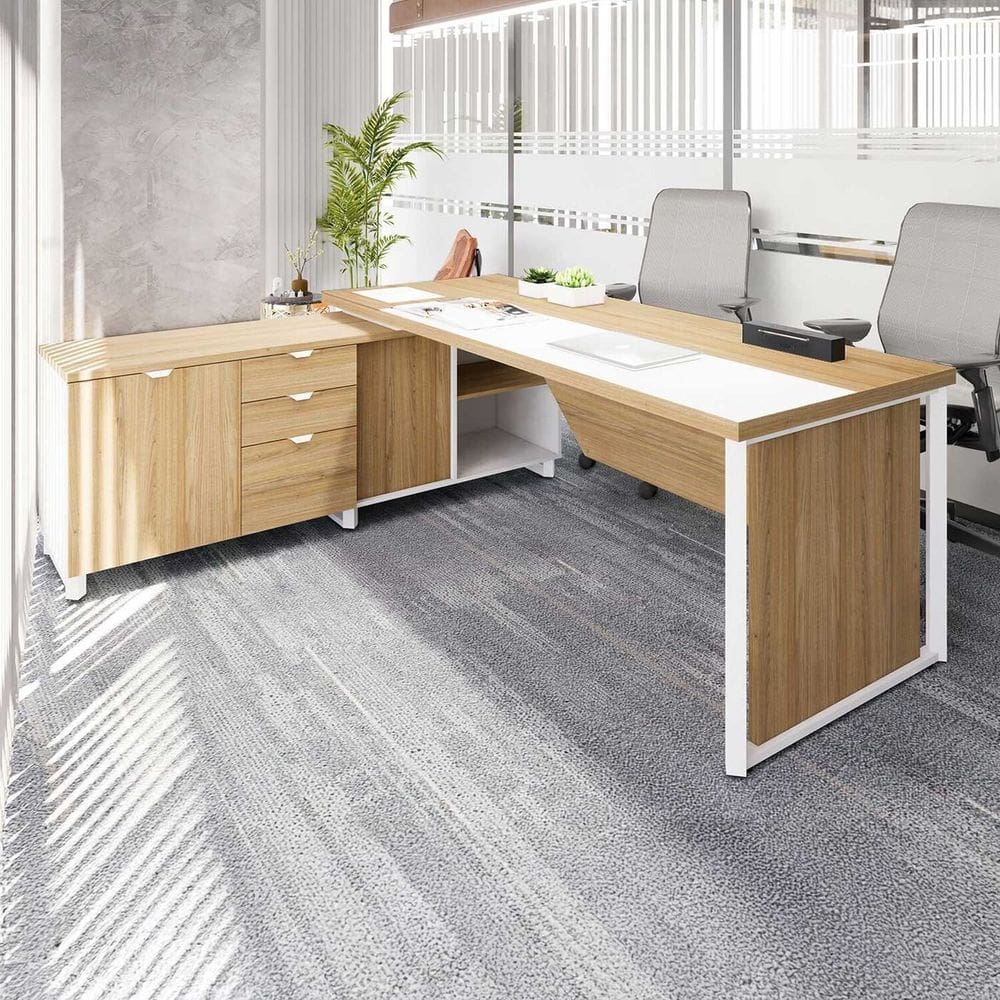 Mesa de Escritório Executiva 200cm com Armário Lateral e Caixa de Tomadas Corporate Macadâmia/Branco