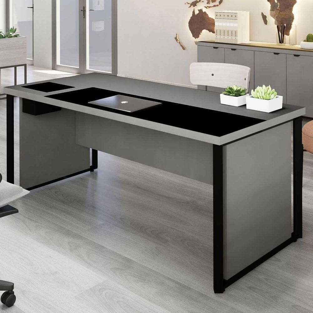 Mesa Executiva para Escritório Diretor 200cm com Caixa de Tomadas Porta Objetos Corporate Cinza Sagrado / Preto