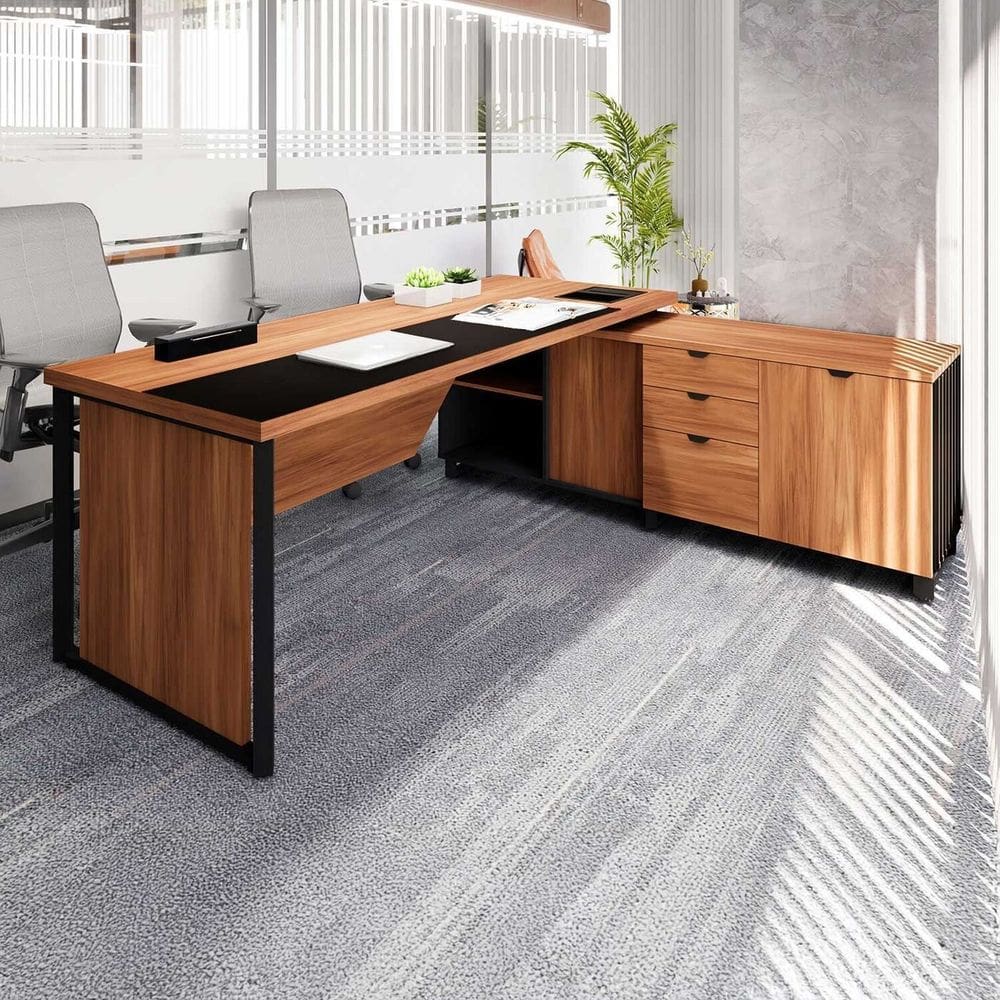 Mesa de Escritório Diretor em L 200cm com Caixa de Tomadas e Armário Lateral Corporate Nogal/Preto