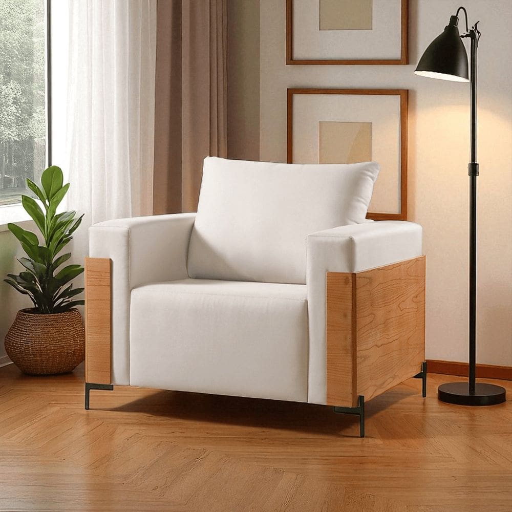 Poltrona Luxo Metal Madeira Maciça Heitor Bege Claro