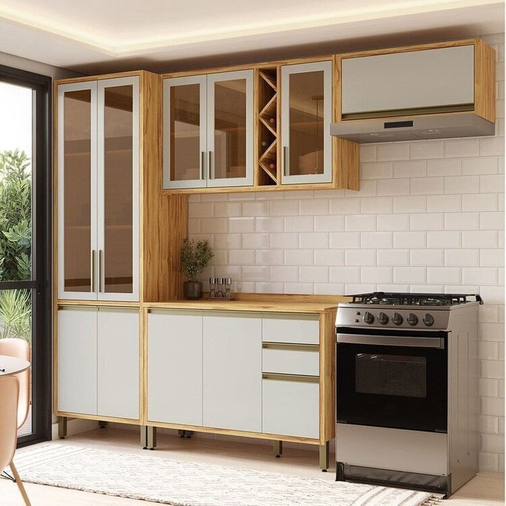 Cozinha Modulada Compacta 4 Peças 10 Portas e 3 Gavetas 100% MDF 270cm Barbados Espresso Móveis Amêndoa/Off White