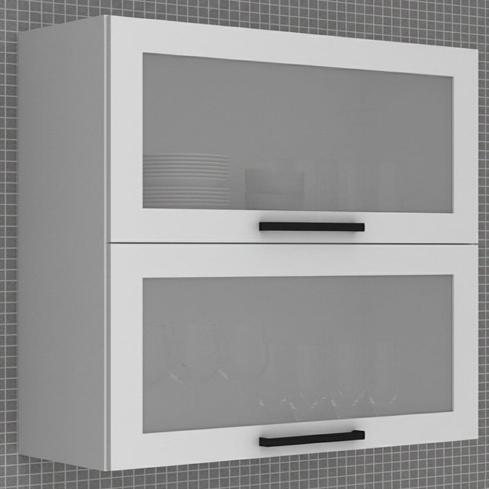 Armário Aéreo 80cm em Mdf com 2 Portas Vidro Basculantes Cz Branco