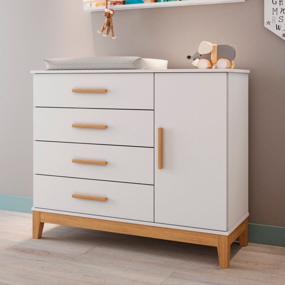Comoda Fraldário para Quarto de Bebê Mdf Hellen Branco/Bétula