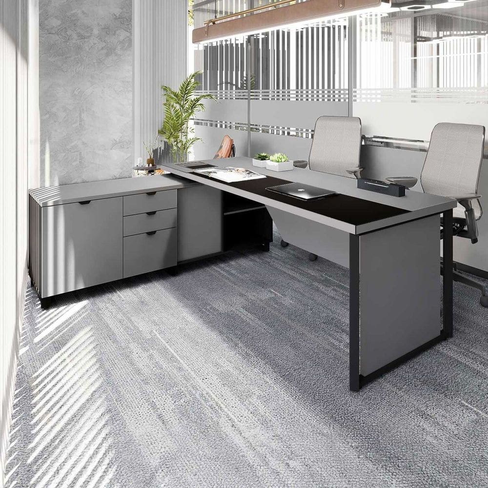 Mesa Executiva 180cm com Armário Lateral e Caixa de Tomadas Corporate Cinza Sagrado / Preto