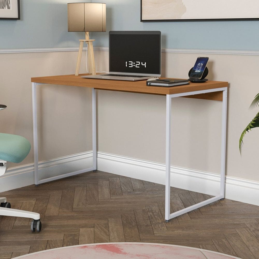 Mesa para Escritório Escrivaninha Secretaria 118cm Industrial Canela/Branco