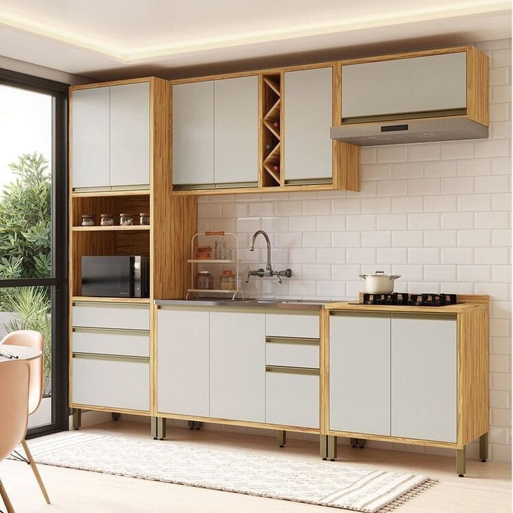Cozinha Modulada Compacta 5 Peças 11 Portas e 5 Gavetas 100% MDF 270cm Barbados Espresso Móveis Amêndoa/Off White