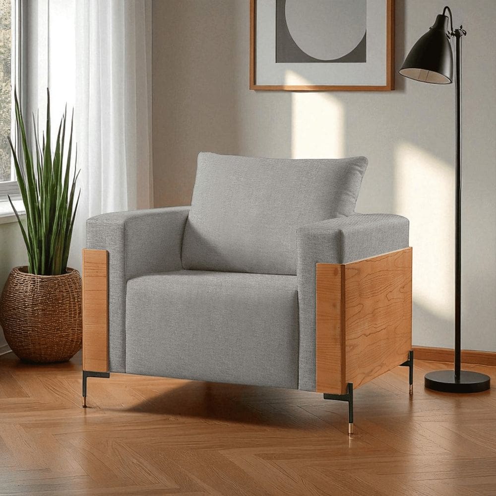 Poltrona para Sala de Estar Metal Madeira Maciça Heitor Luxo Cinza