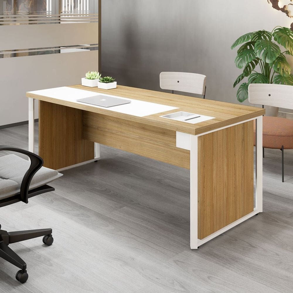 Mesa de Escritório Diretor 200cm com Caixa de Tomadas e Porta Objetos F5 Office Macadâmia/Branco