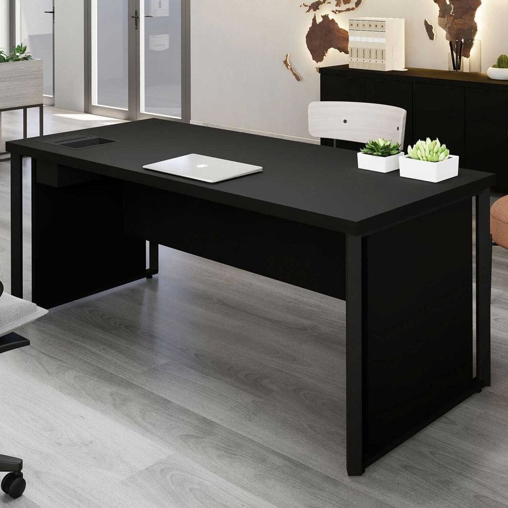 Mesa Executiva para Escritório Diretor 200cm com Caixa de Tomadas Porta Objetos Corporate Preto