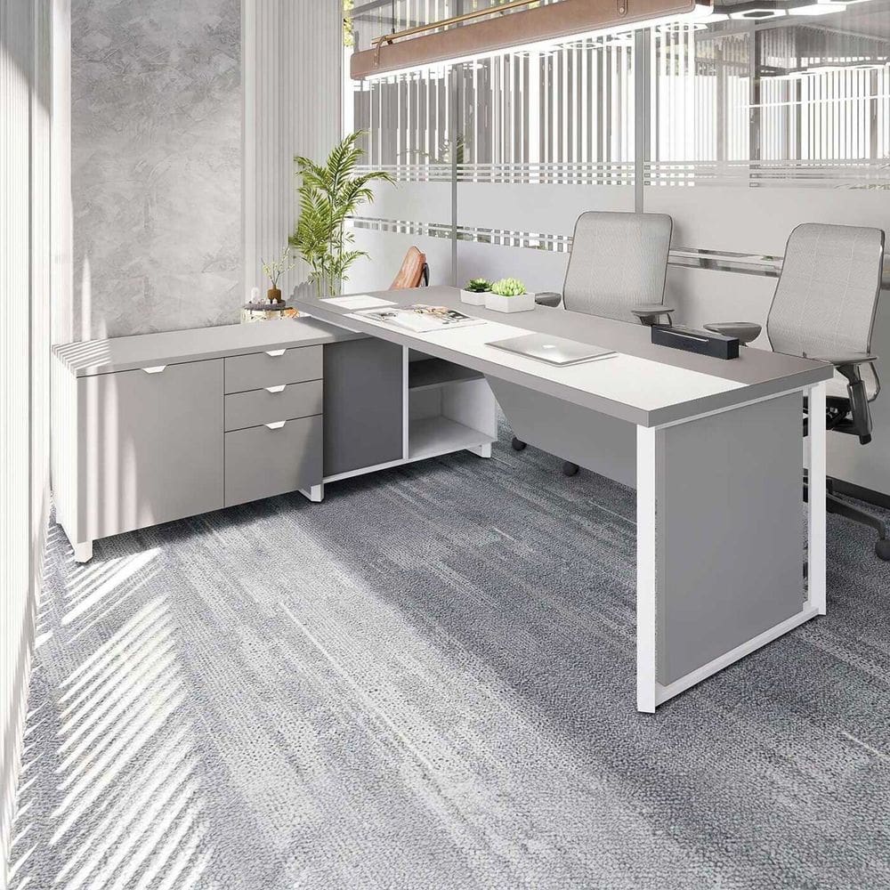 Mesa Executiva 180cm com Armário Lateral e Caixa de Tomadas Corporate Cinza Sagrado/ Branco