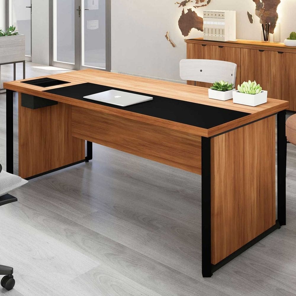 Mesa Executiva para Escritório Diretor 200cm com Caixa de Tomadas Porta Objetos Corporate Nogal /Preto