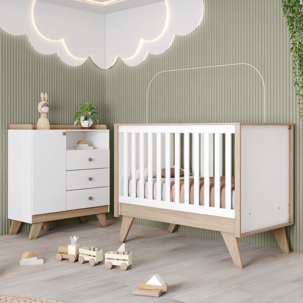 Quarto de Bebê Berço e Cômoda Noah Espresso Móveis Branco/Jequitibá